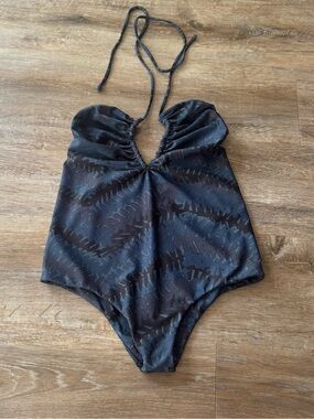 Mikoh Women's Medium Hinano One Piece Swimsuit Blue Black Palm Halter Plunge M